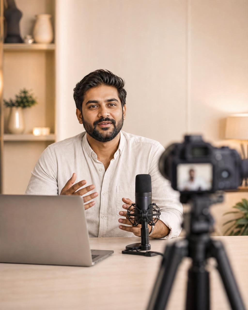 Indian business owner recording video content with camera and microphone