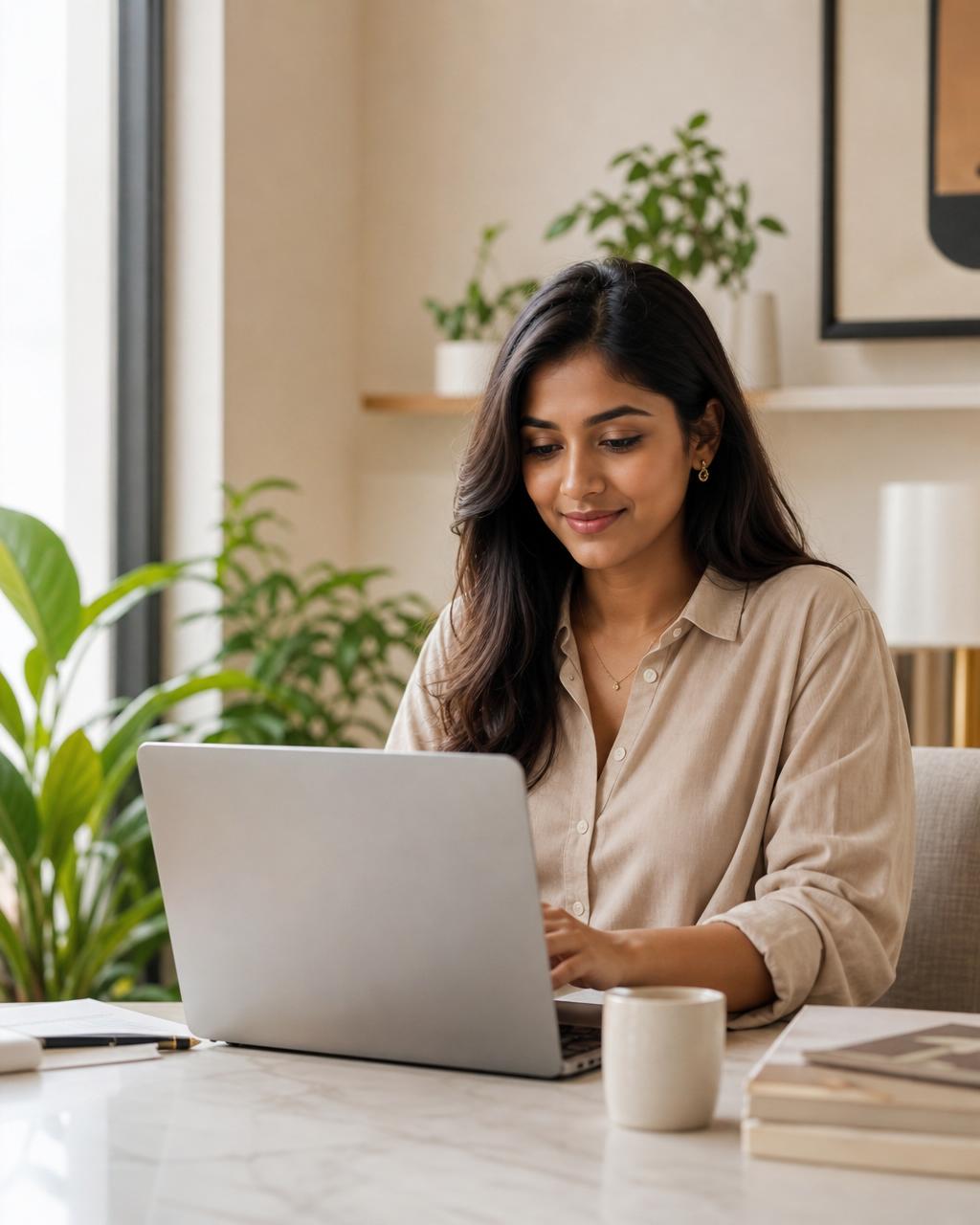 Indian woman entrepreneur working on laptop in a modern home office